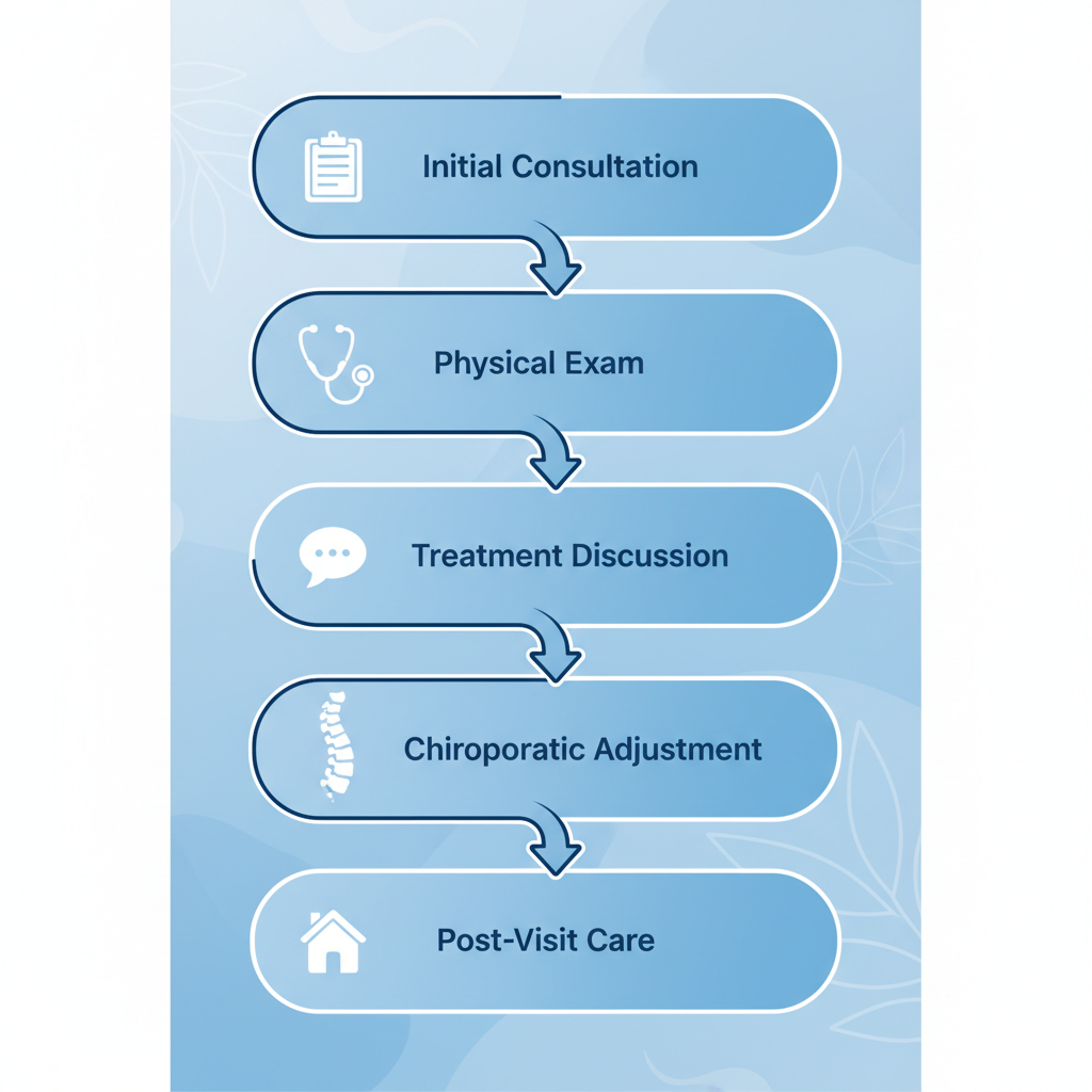 Vertical process flow illustrating the five stages of a first chiropractic visit: consultation, examination, treatment discussion, adjustment, and post-visit care.