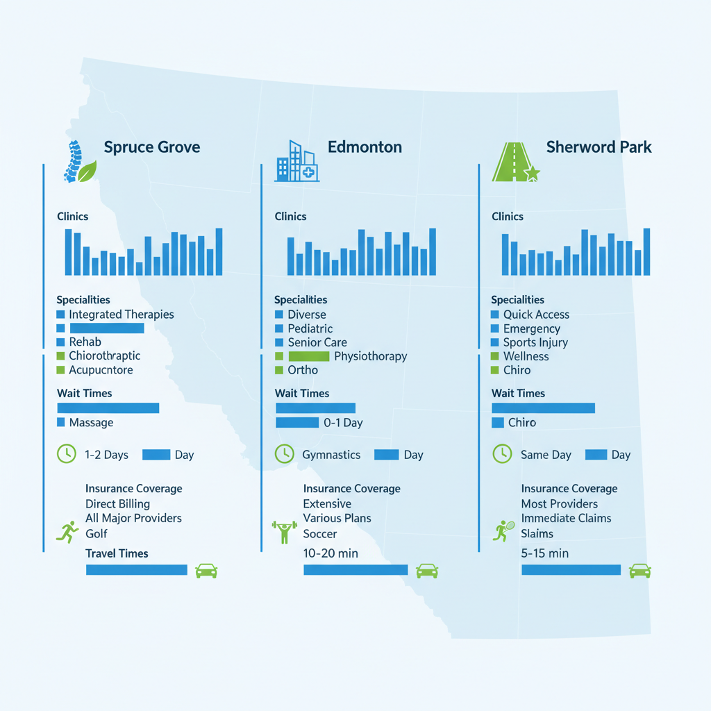 Infographic comparing chiropractic services in Spruce Grove, Edmonton, and Sherwood Park with icons and charts.