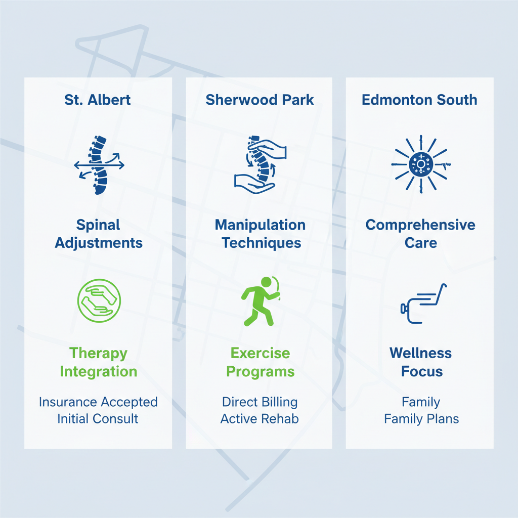 Infographic comparing chiropractic services in St. Albert, Sherwood Park, and Edmonton with icons and minimal labels.