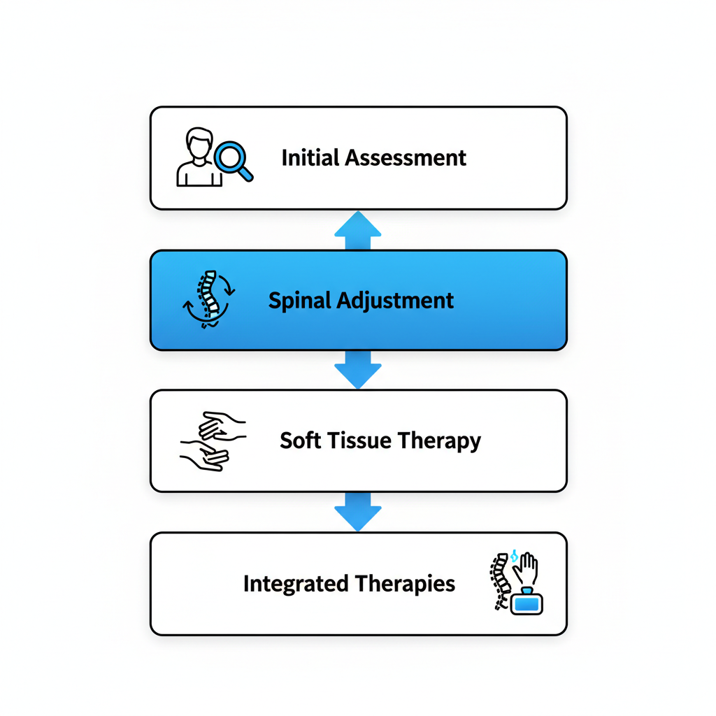 Vertical process flow diagram illustrating four steps of chiropractic treatments for back and neck pain, including assessment, adjustment, soft tissue therapy, and integrated therapies.
