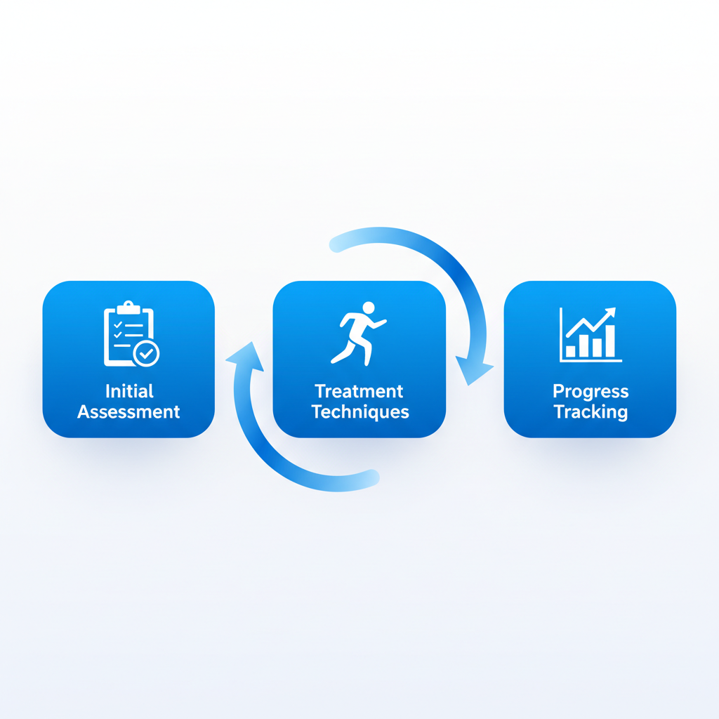 Horizontal process flow diagram showing three stages of physiotherapy: initial assessment, treatment techniques, and progress tracking.