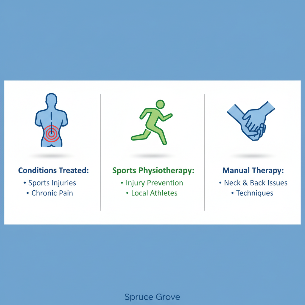 Infographic showing three key concepts in physiotherapy: conditions treated, sports integration, and manual therapy techniques in Spruce Grove.