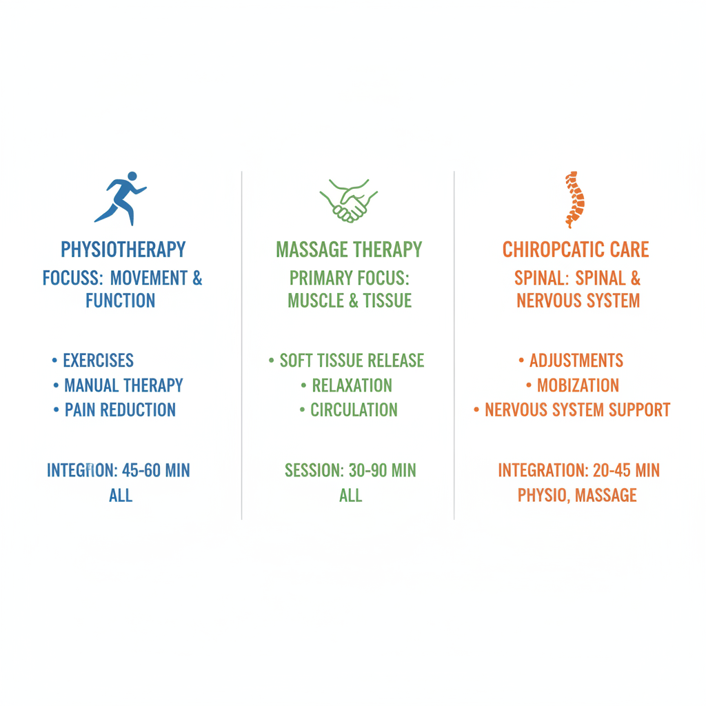 Infographic comparing physiotherapy, massage therapy, and chiropractic care services in Leduc area with icons, session details, and integration notes