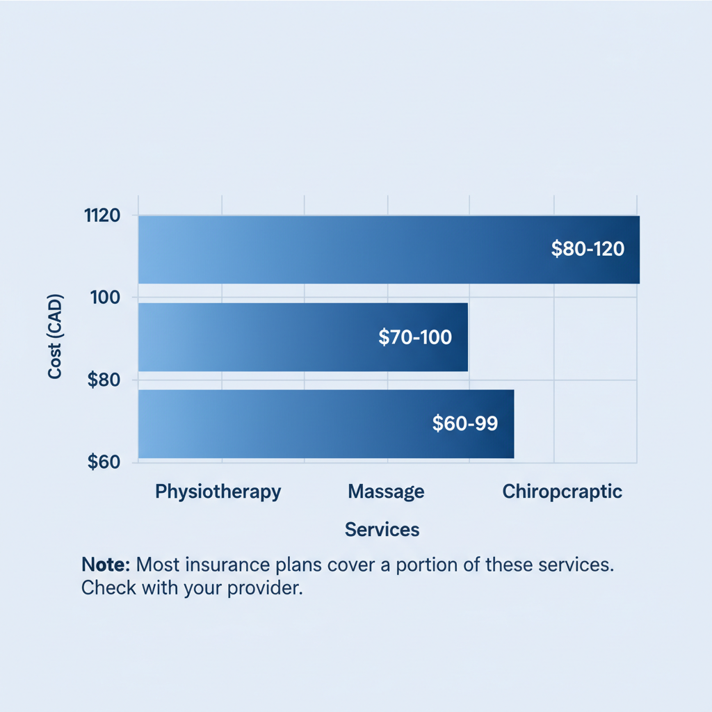 Horizontal bar chart showing cost ranges in CAD for physiotherapy ($80-120), massage ($70-100), and chiropractic ($60-90) sessions in Leduc area, with insurance notes.