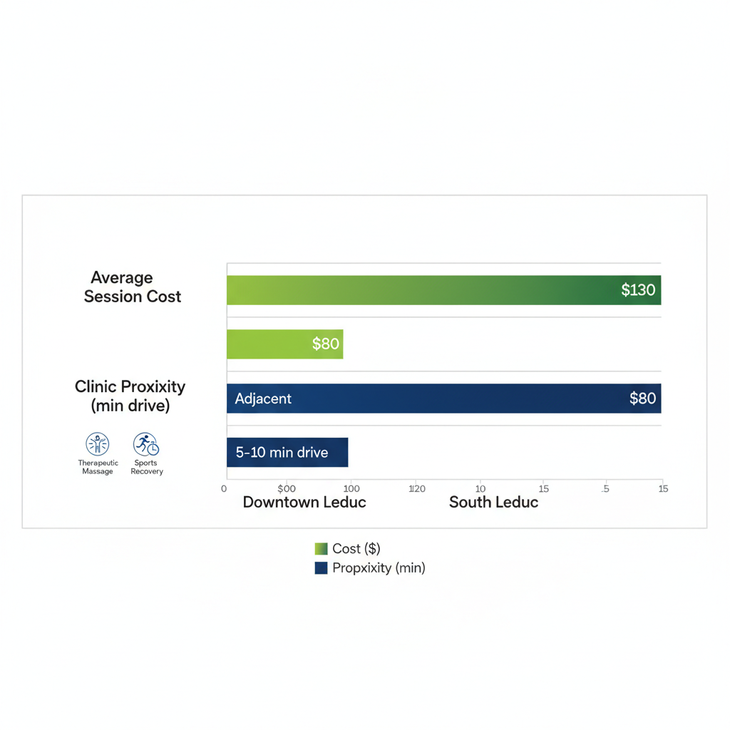 Horizontal bar chart comparing massage therapy costs and proximity in Leduc neighborhoods