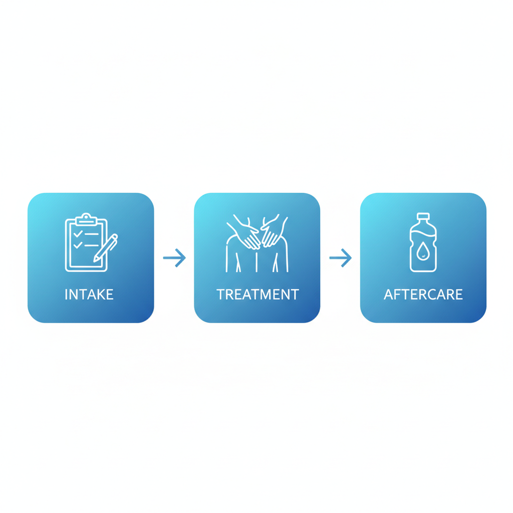 Horizontal process flow illustrating three stages of a massage therapy session: intake consultation, hands-on treatment, and aftercare advice.
