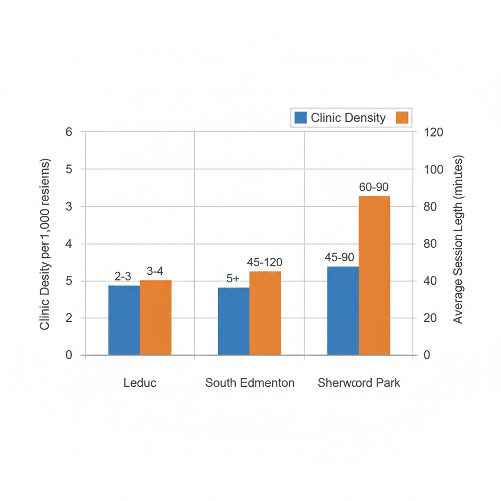 Horizontal bar chart comparing massage therapy clinic density and session lengths in Leduc, South Edmonton, and Sherwood Park.