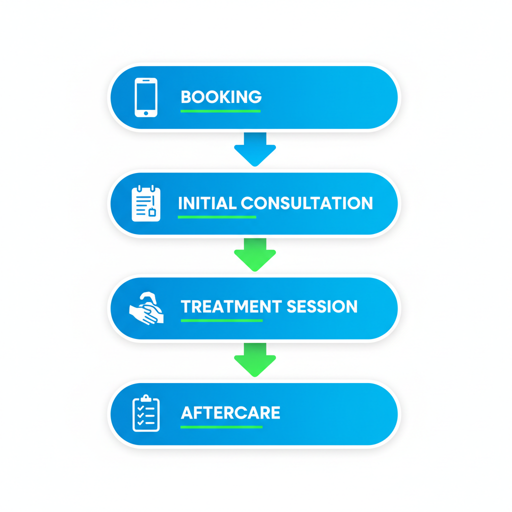 Vertical process flow diagram illustrating the four key steps to start massage therapy: booking, initial consultation, treatment session, and aftercare with icons and blue rectangles connected by arrows.