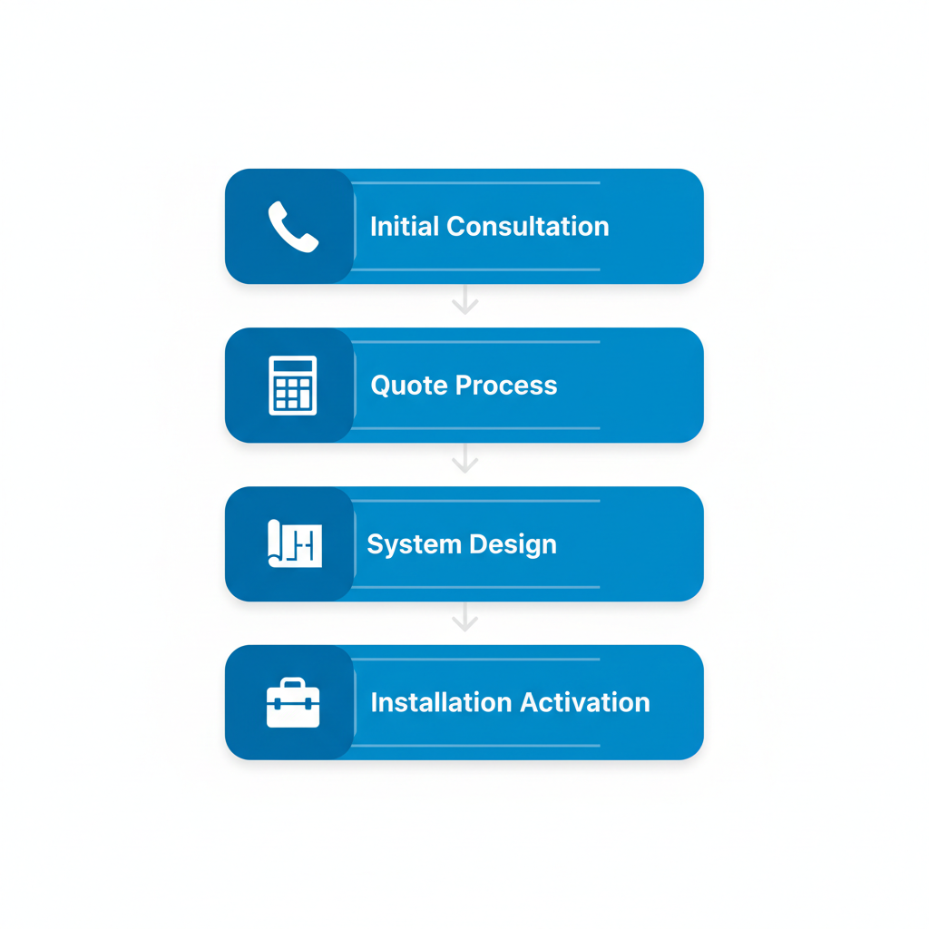 Vertical process flow diagram illustrating four steps for beginning CCTV installation with SecureWatch: initial consultation, quote process, system design, and installation activation.