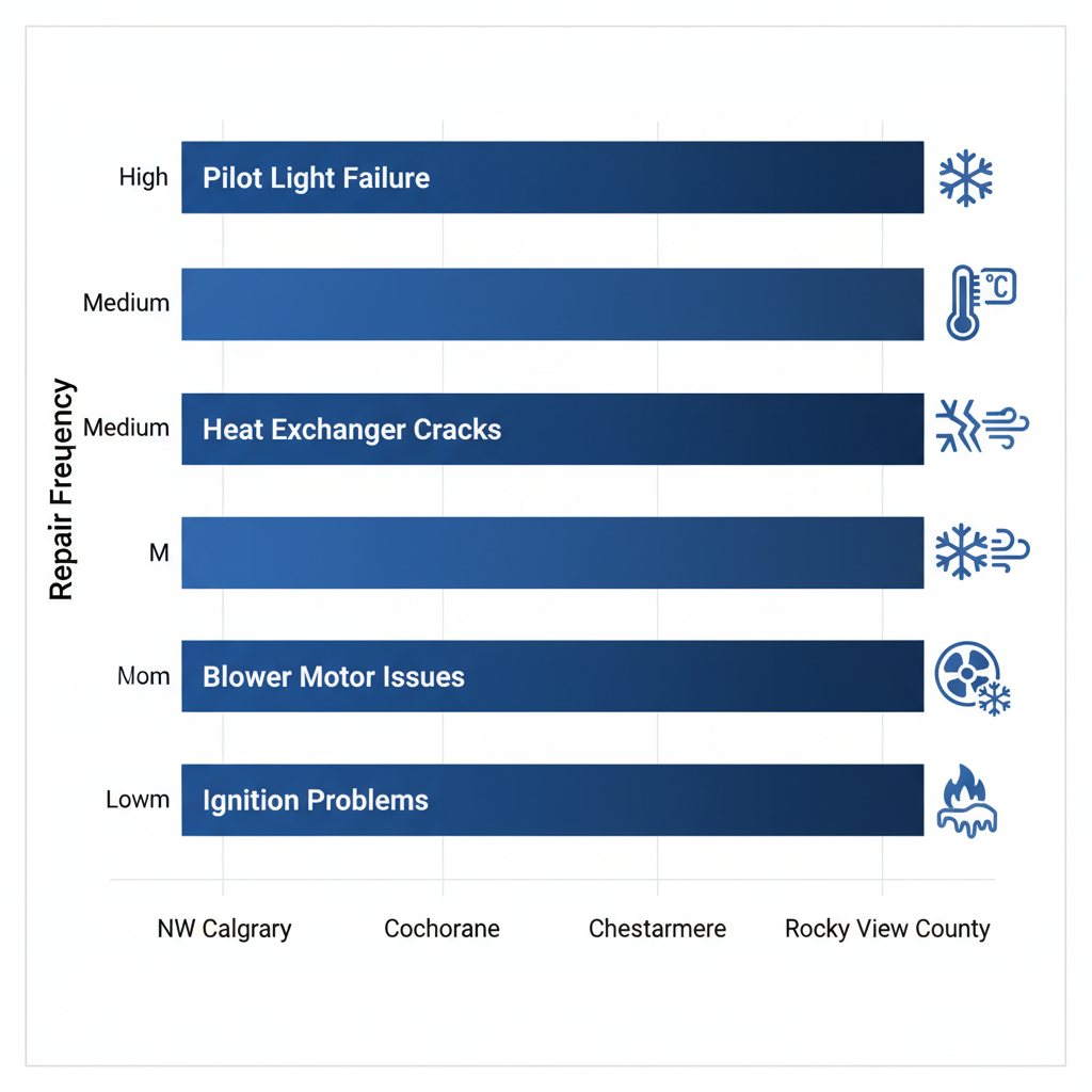 Horizontal bar chart comparing furnace repair frequencies and common issues across Calgary areas including NW Calgary, Cochrane, Chestermere, and Rocky View County.