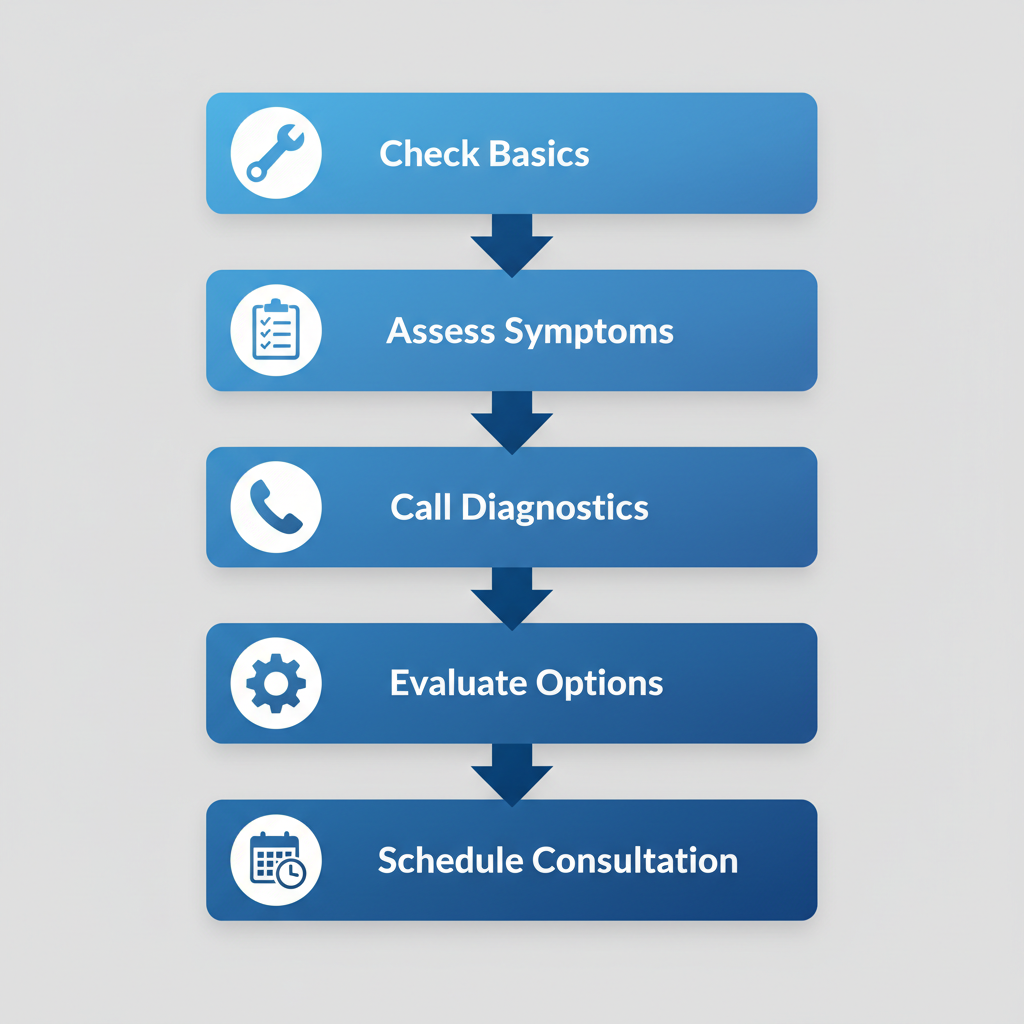 Vertical process flow diagram illustrating five steps to address furnace issues with icons and minimal labels