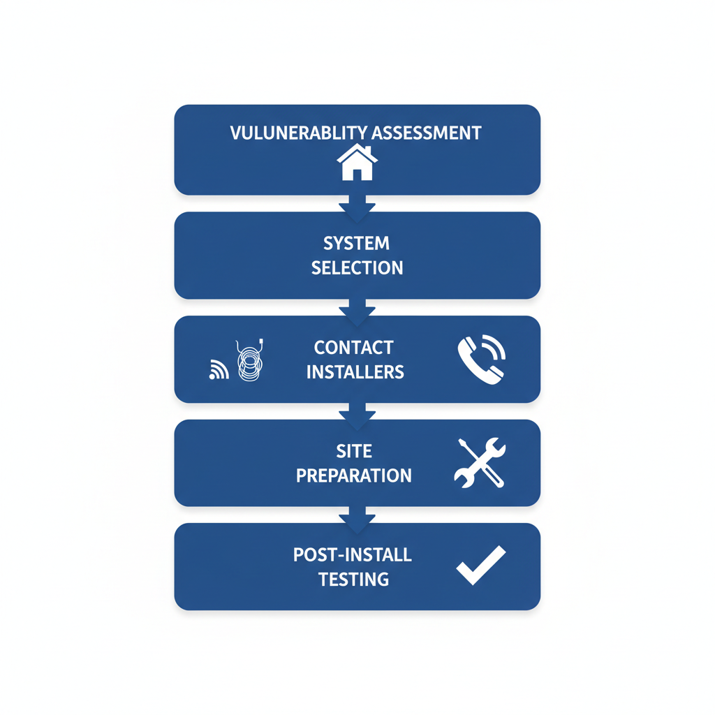 Vertical process flow diagram illustrating five steps for home security installation: vulnerability assessment, system selection, contacting installers, site preparation, and post-install testing.