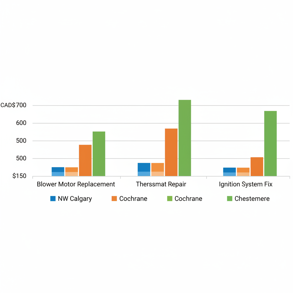 Horizontal bar chart showing average furnace repair costs in Calgary areas: NW Calgary, Cochrane, Chestermere for blower motor, thermostat, and ignition repairs.