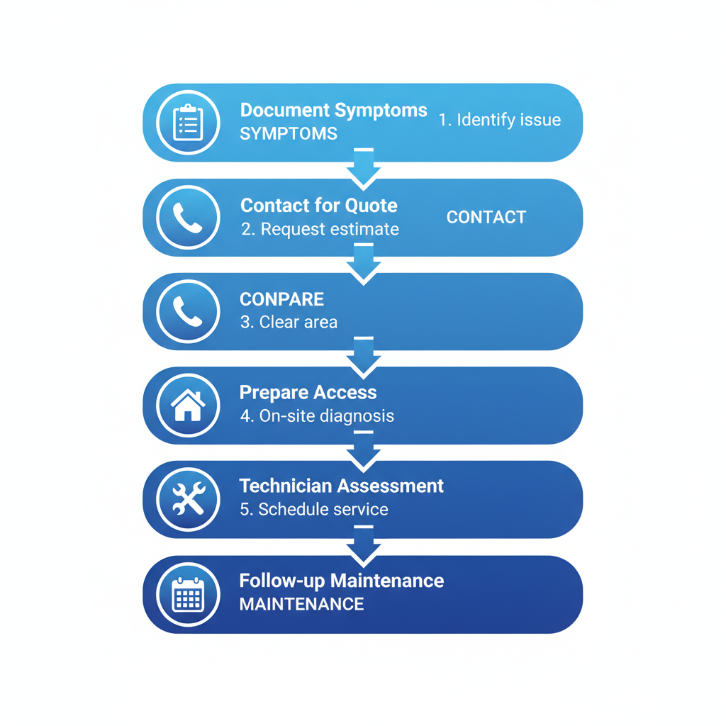 Vertical process flow diagram outlining five steps to arrange furnace repair in Calgary with icons and labels