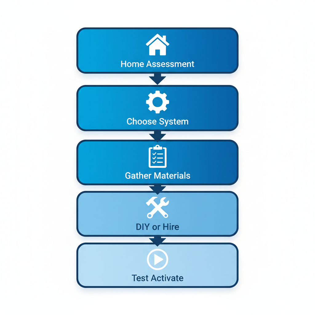 Vertical process flow diagram outlining five key steps for starting alarm system installation in Australia