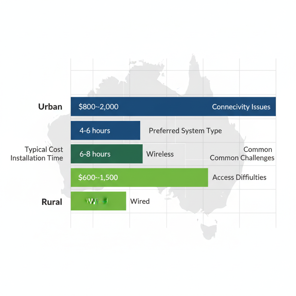 Horizontal bar chart comparing urban and rural alarm installation costs, times, system types, and challenges in Australia