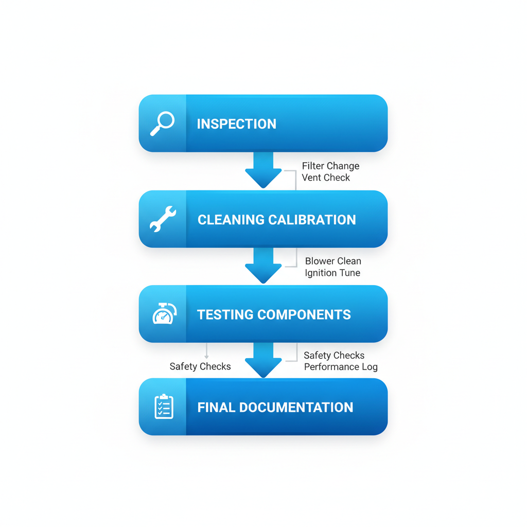 Process flow diagram illustrating four stages of furnace service: inspection, cleaning and calibration, testing components, and final documentation in Calgary.