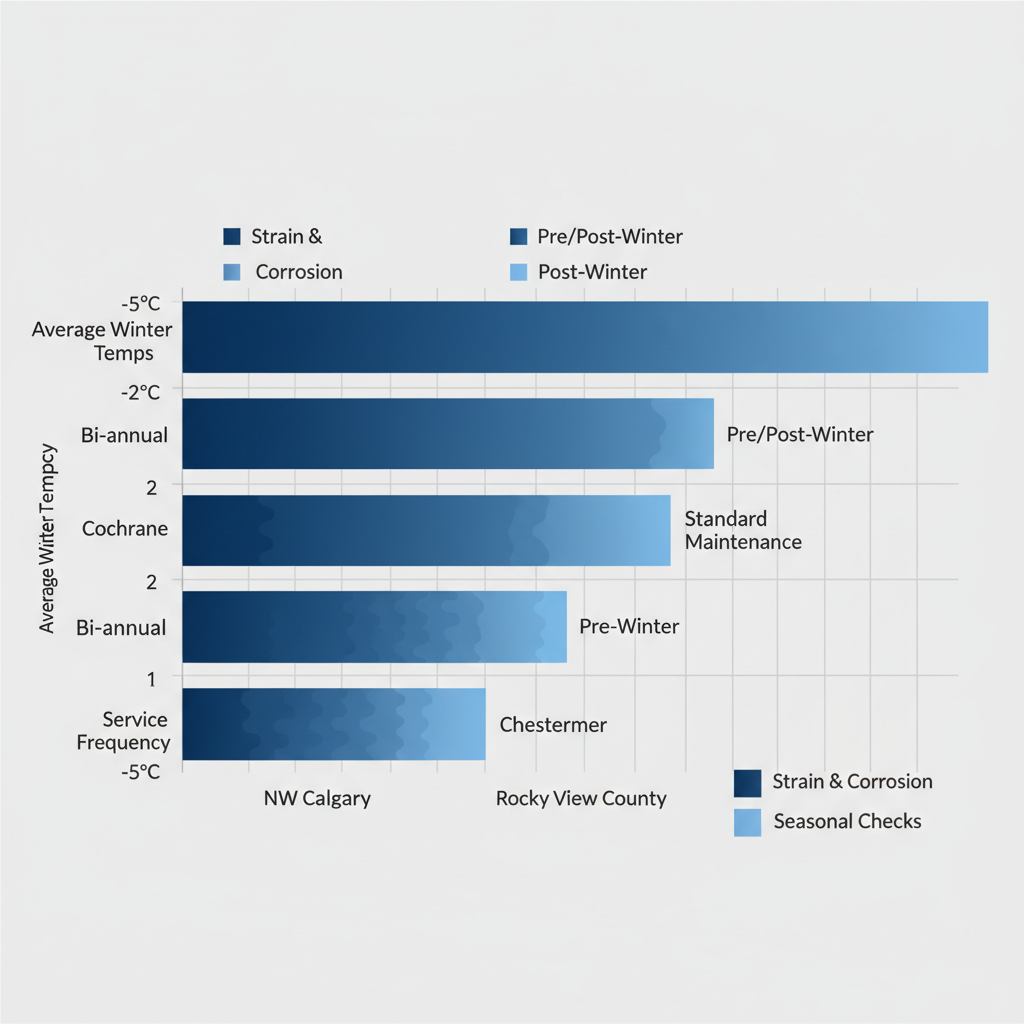 Horizontal bar chart comparing furnace service needs across Calgary regions including temperatures and maintenance frequency.