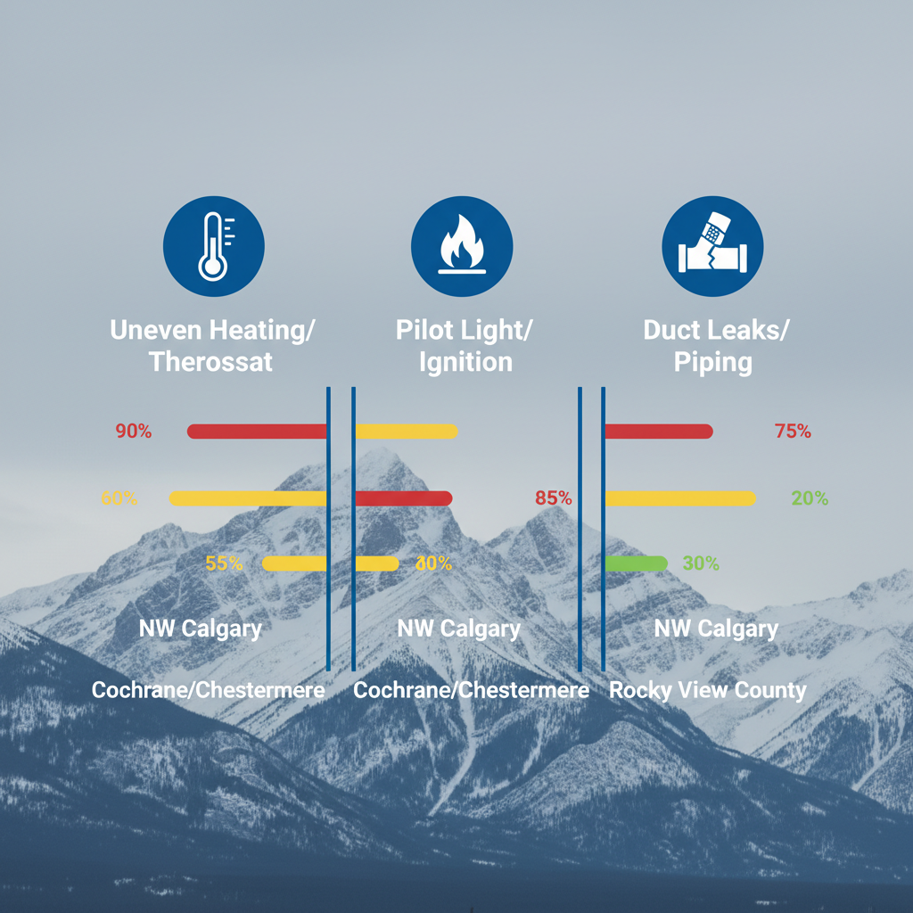 Infographic comparing prevalence of common furnace issues in NW Calgary, Cochrane/Chestermere, and Rocky View County using color-coded bars and icons.