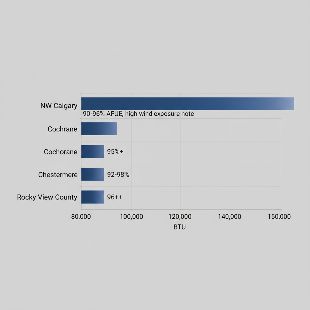 Bar chart showing recommended furnace BTU sizes and AFUE efficiency for Calgary area neighborhoods including NW Calgary, Cochrane, Chestermere, and Rocky View County.