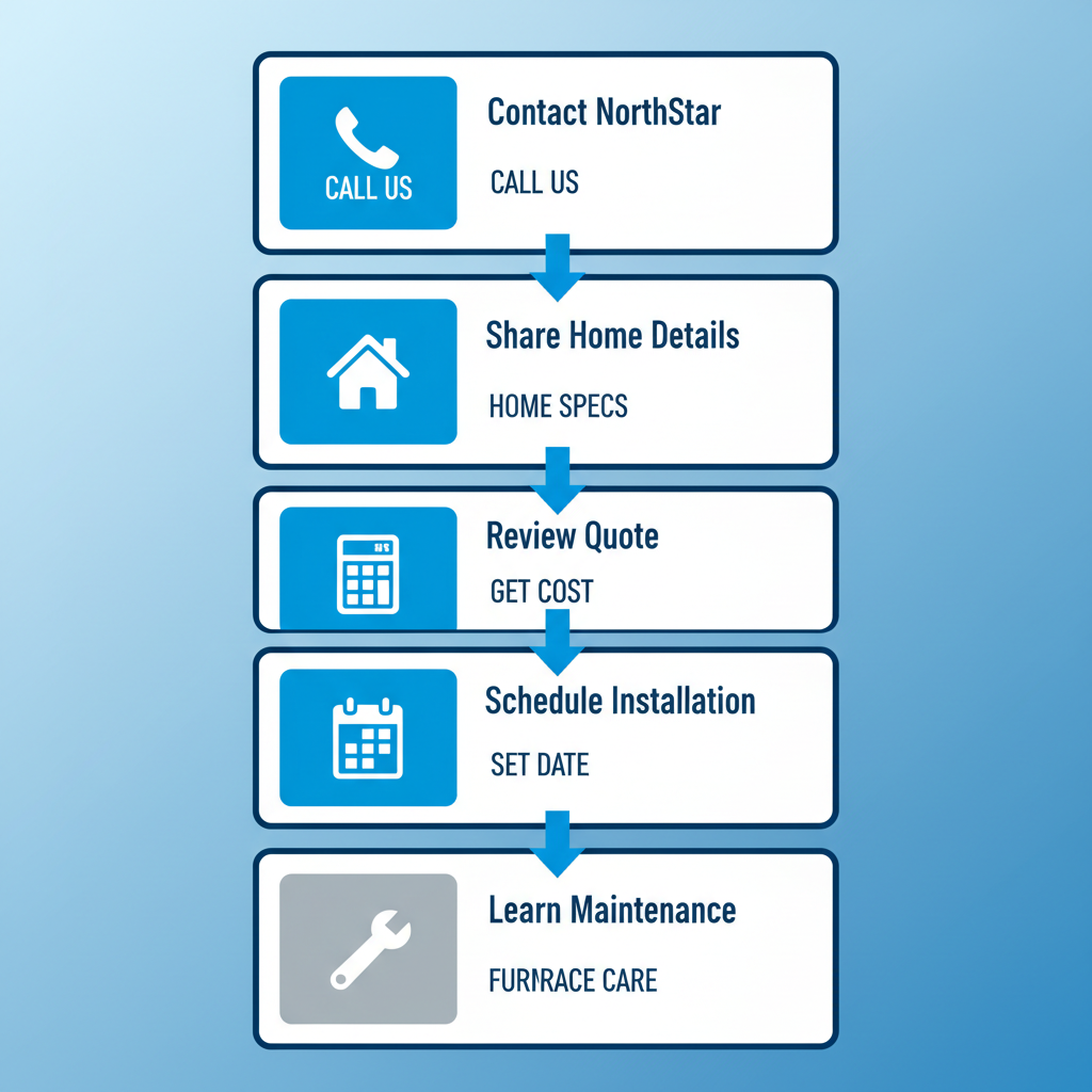 Vertical process flow diagram showing five steps for starting furnace installation in Calgary with icons and labels