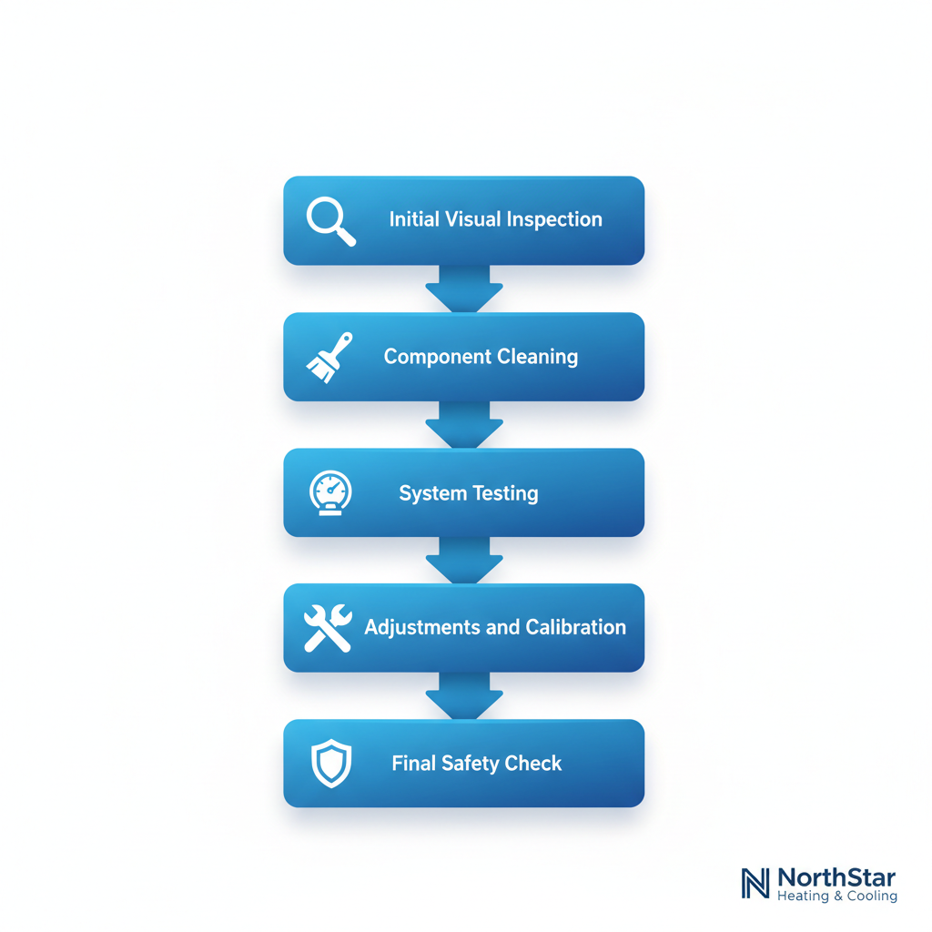 Vertical process flow diagram illustrating the five stages of professional furnace maintenance: initial inspection, component cleaning, system testing, adjustments, and final safety check, with icons and labels.