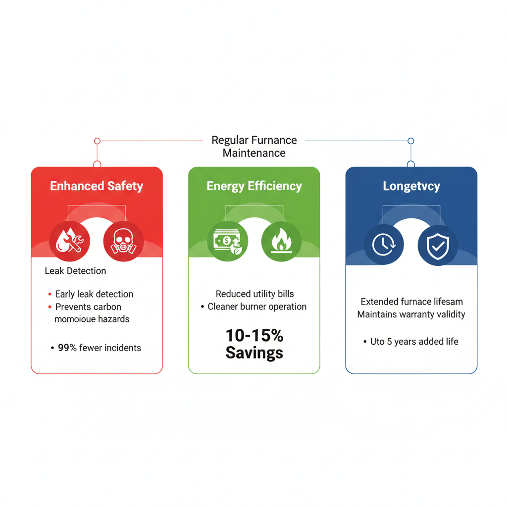 Infographic showing three key benefits of regular furnace maintenance: safety, energy efficiency, and longevity with icons and stats