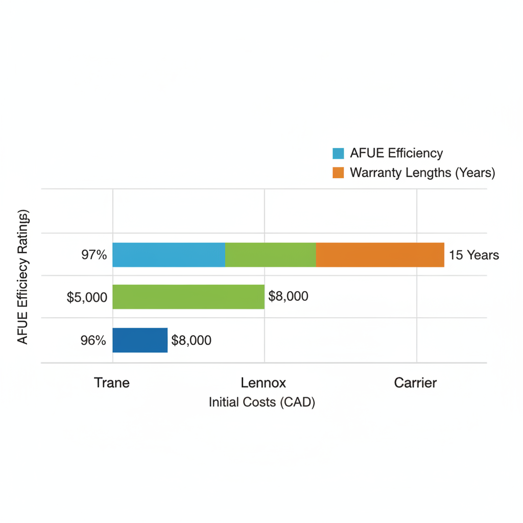 Horizontal bar chart comparing Trane, Lennox, and Carrier furnace brands by efficiency, cost, and warranty for Calgary winters
