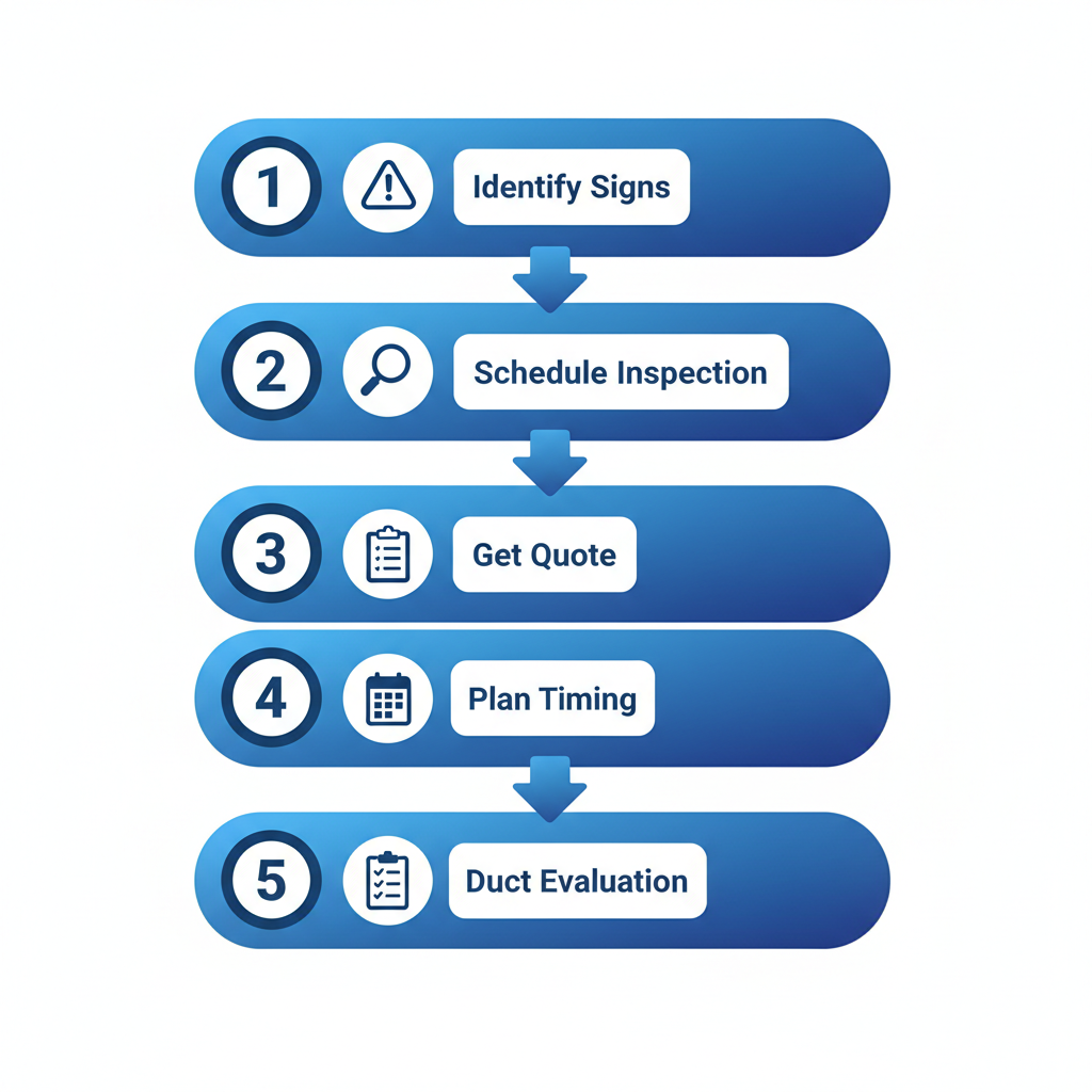 Vertical process flow diagram illustrating the five key steps to initiate furnace replacement in Calgary, featuring icons for each stage.