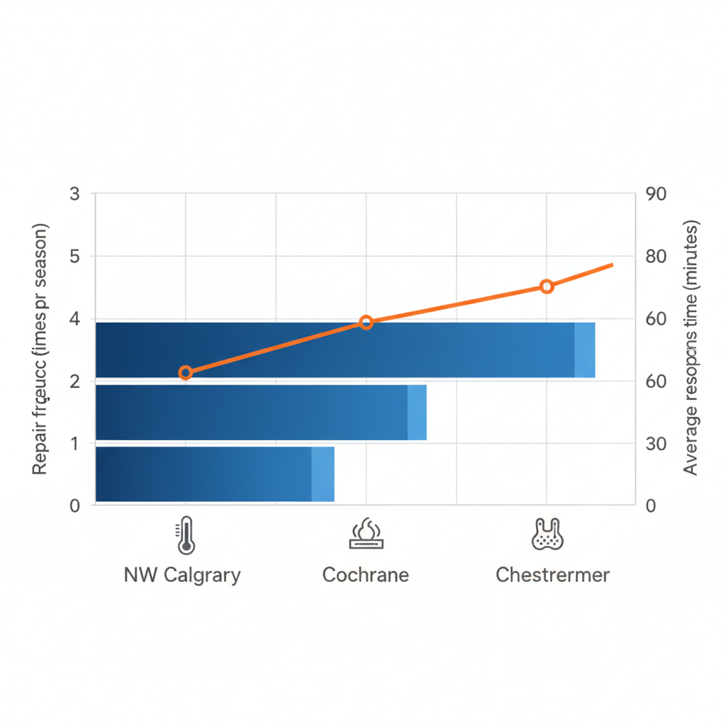 Bar chart comparing furnace repair frequencies and response times across NW Calgary, Cochrane, and Chestermere neighborhoods