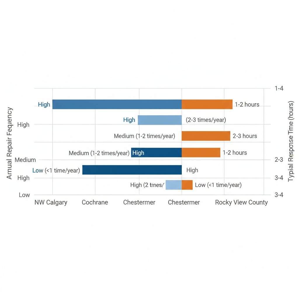 Horizontal bar chart comparing furnace repair frequency and response times across NW Calgary, Cochrane, Chestermere, and Rocky View County areas.