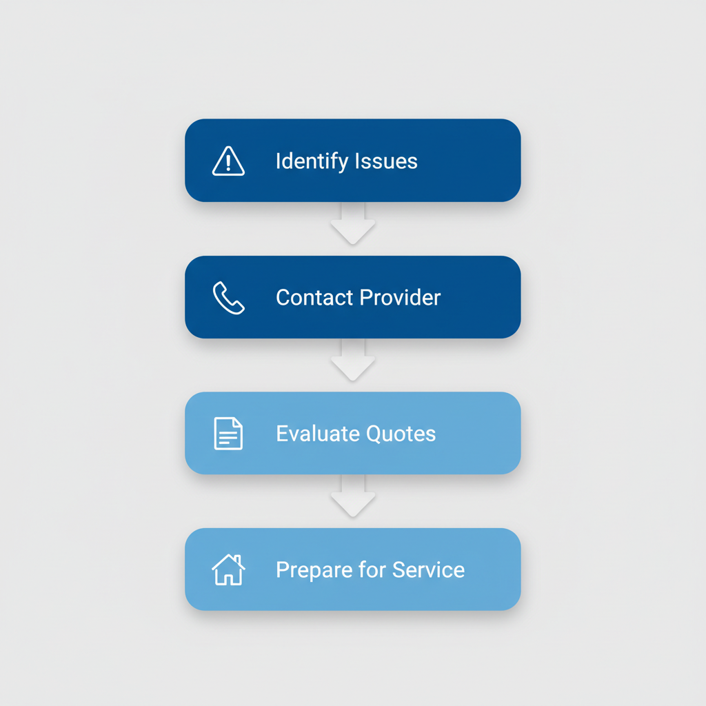 Vertical process flow diagram showing four steps to start furnace repair: identify issues, contact provider, evaluate quotes, and prepare for service with relevant icons.
