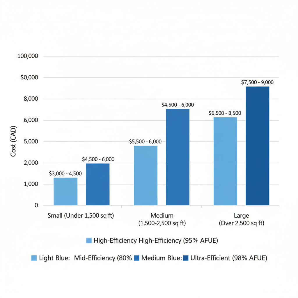 Grouped bar chart showing furnace replacement costs by home size and efficiency in Calgary
