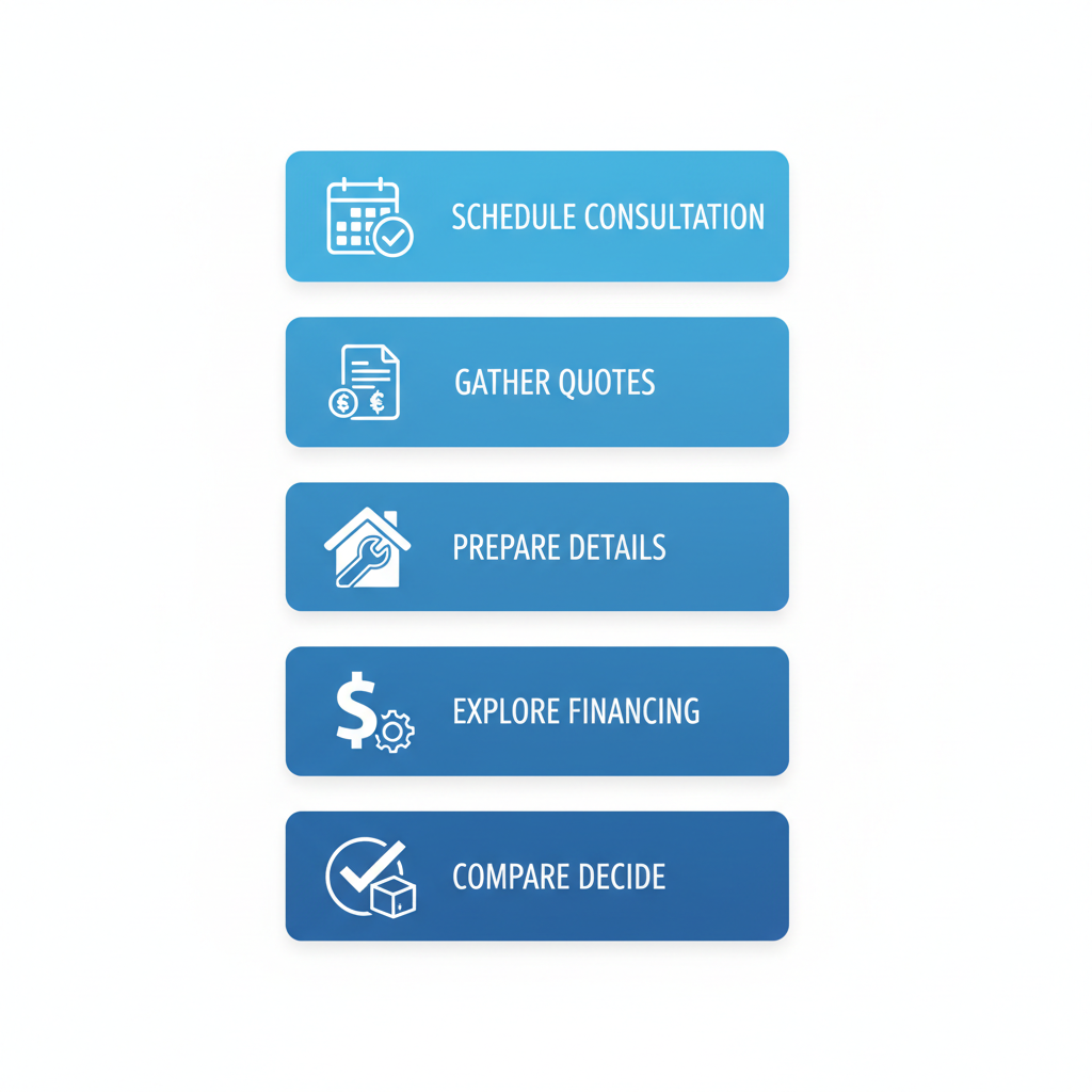 Vertical process flow diagram illustrating five steps for starting furnace replacement: scheduling consultation, gathering quotes, preparing home details, exploring financing and rebates, and comparing quotes.