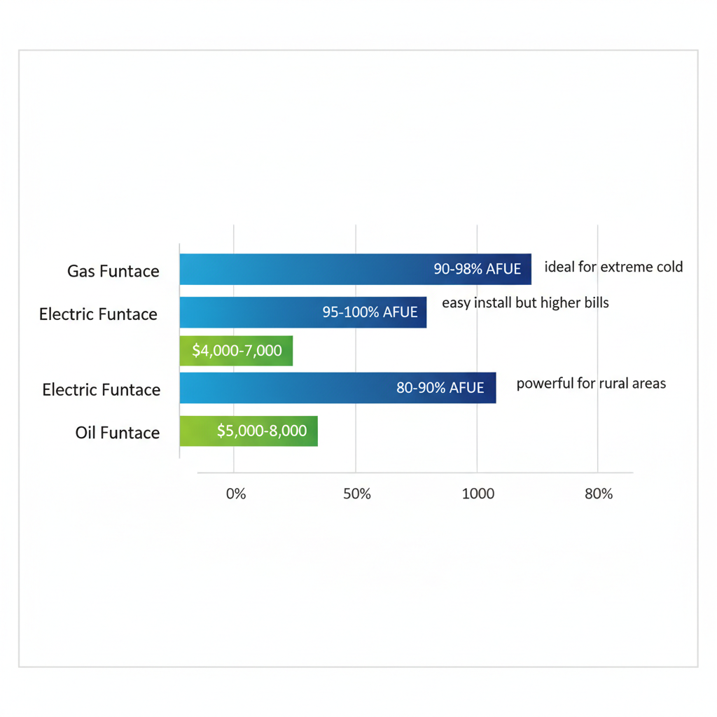 Horizontal bar chart comparing efficiency and cost ranges of gas, electric, and oil furnaces for Calgary winters