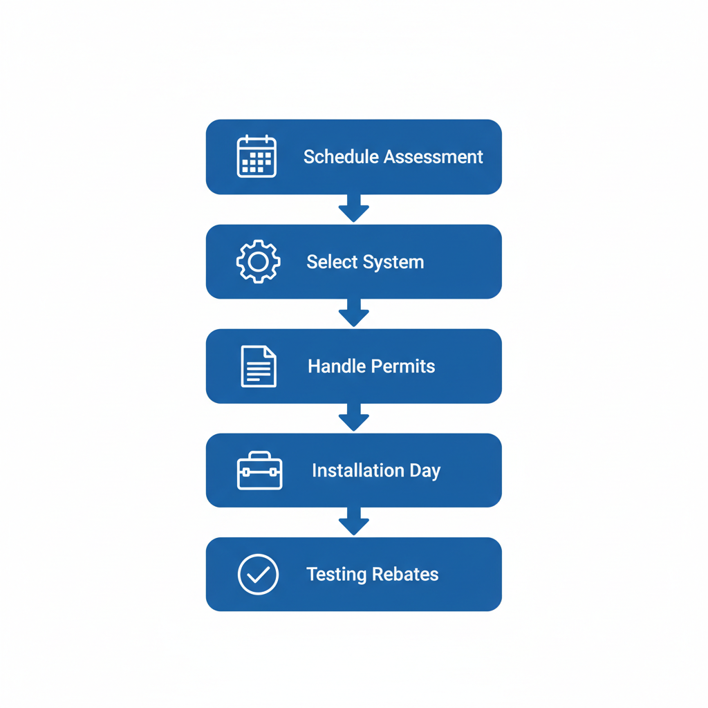 Vertical process flow diagram illustrating five steps to install a new furnace in Calgary with icons and minimal labels.