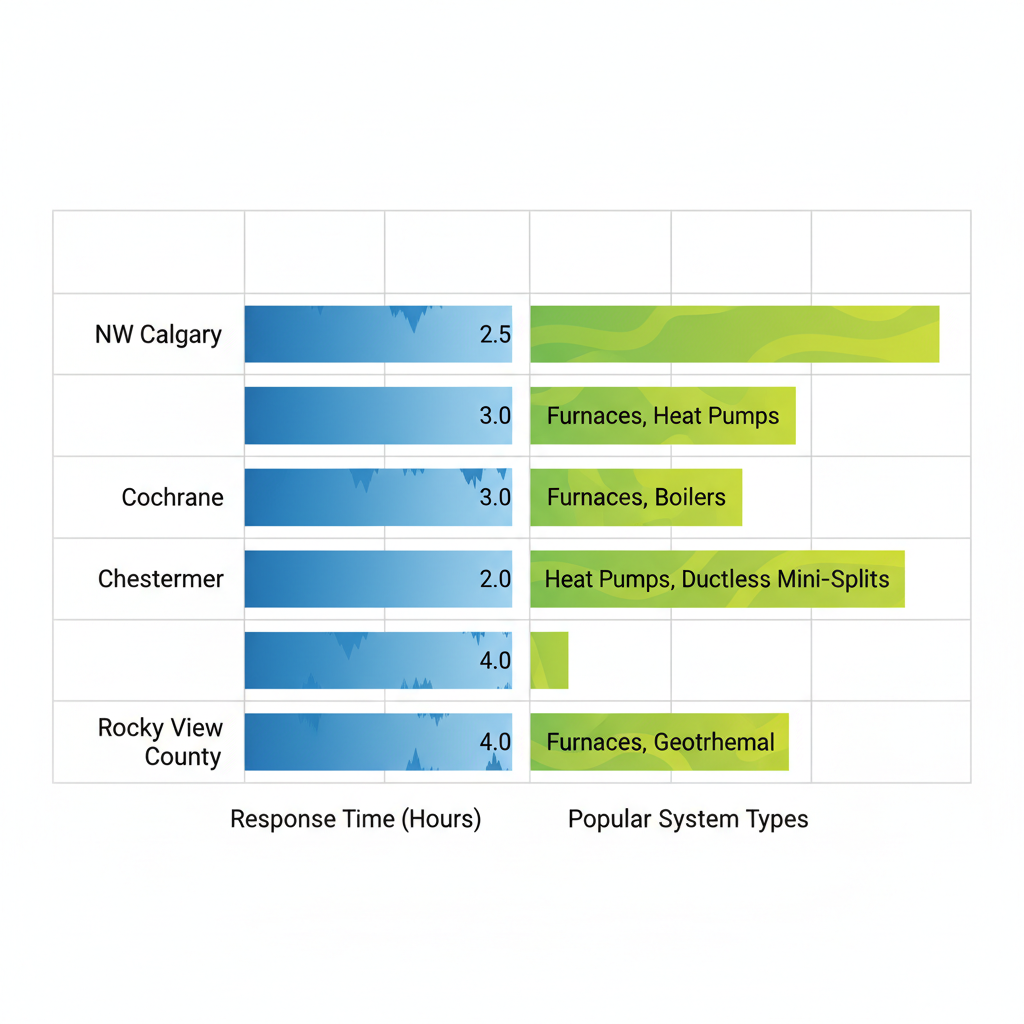 Horizontal bar chart comparing HVAC response times and system types across Calgary areas including NW Calgary, Cochrane, Chestermere, and Rocky View County