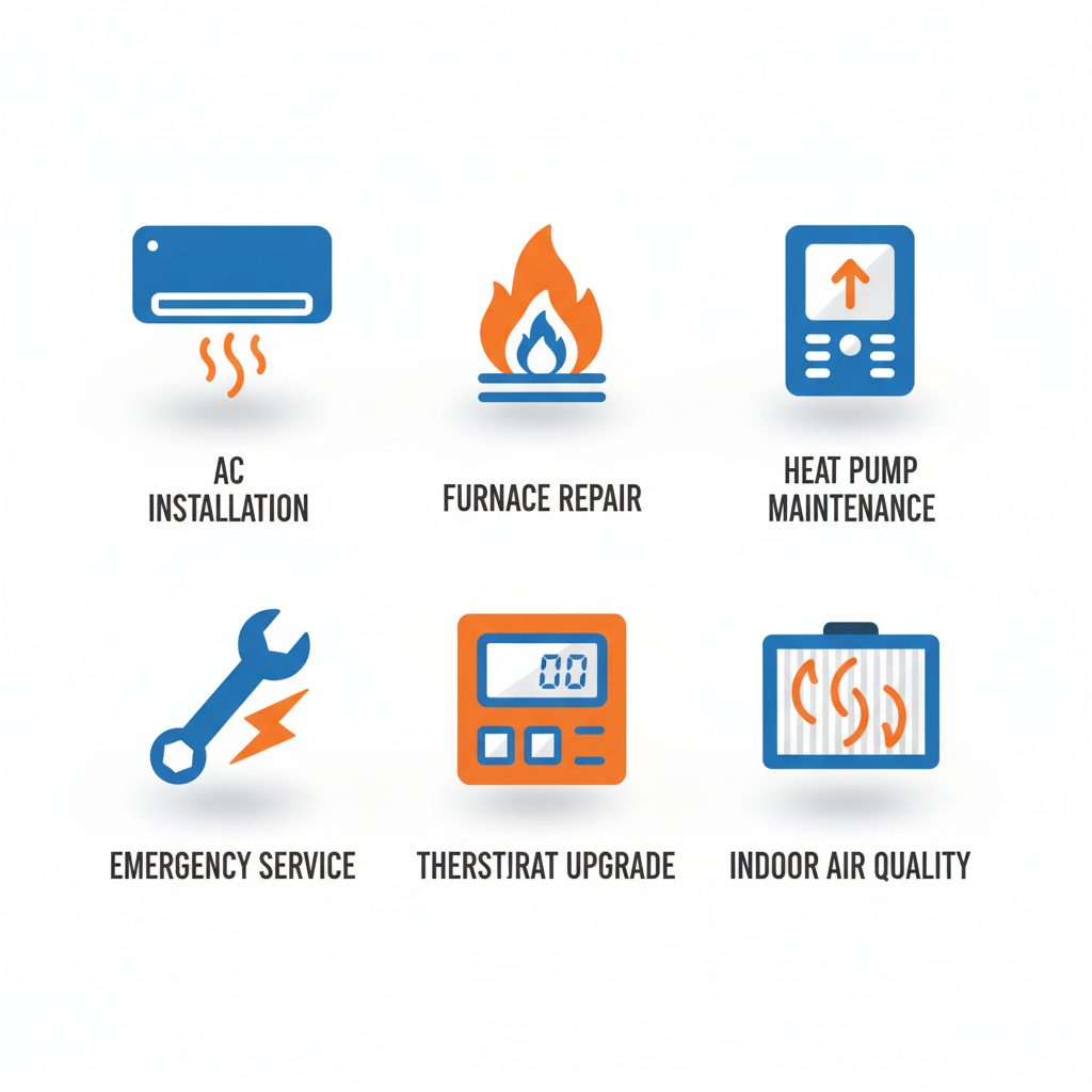 Grid of icons depicting HVAC services including AC installation, furnace repair, heat pump maintenance, emergency service, thermostat upgrade, and indoor air quality solutions.