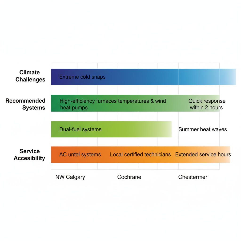 Horizontal bar chart comparing HVAC climate challenges, recommended systems, and service accessibility in NW Calgary, Cochrane, and Chestermere areas.