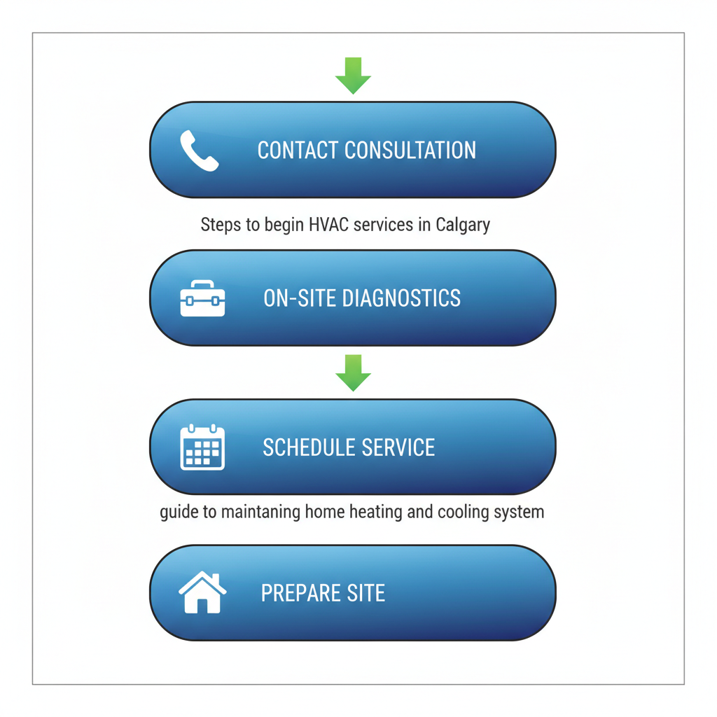 Vertical process flow illustrating four steps to start HVAC services: contact for consultation, on-site diagnostics, schedule maintenance, prepare site.