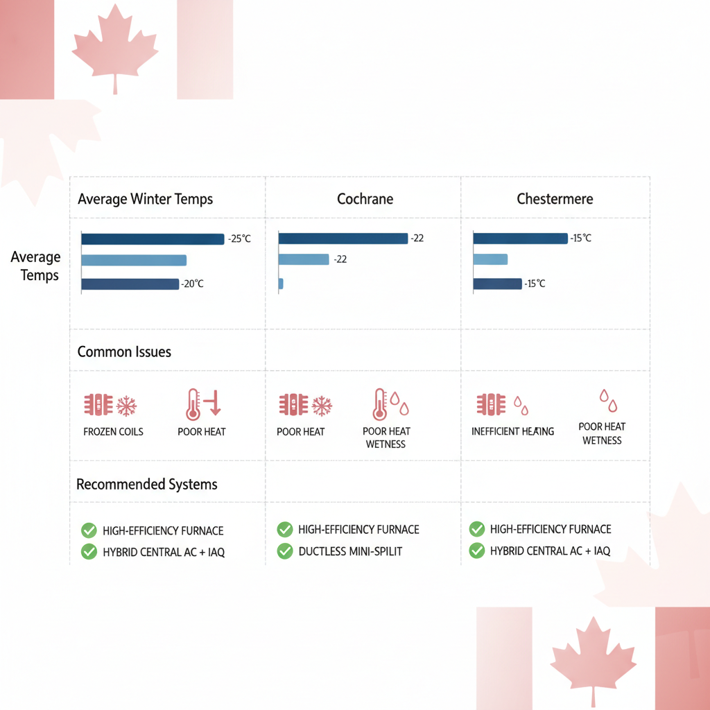Horizontal chart showing HVAC challenges and recommendations for NW Calgary Cochrane and Chestermere areas