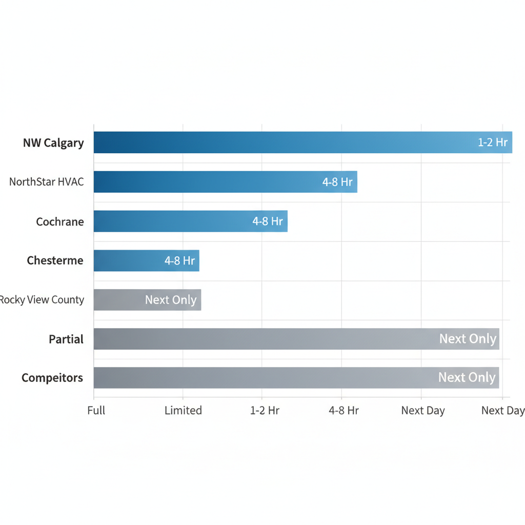 Horizontal bar chart comparing NorthStar HVAC coverage and response times in Calgary regions to competitors, highlighting advantages in NW Calgary, Cochrane, Chestermere, and Rocky View County.