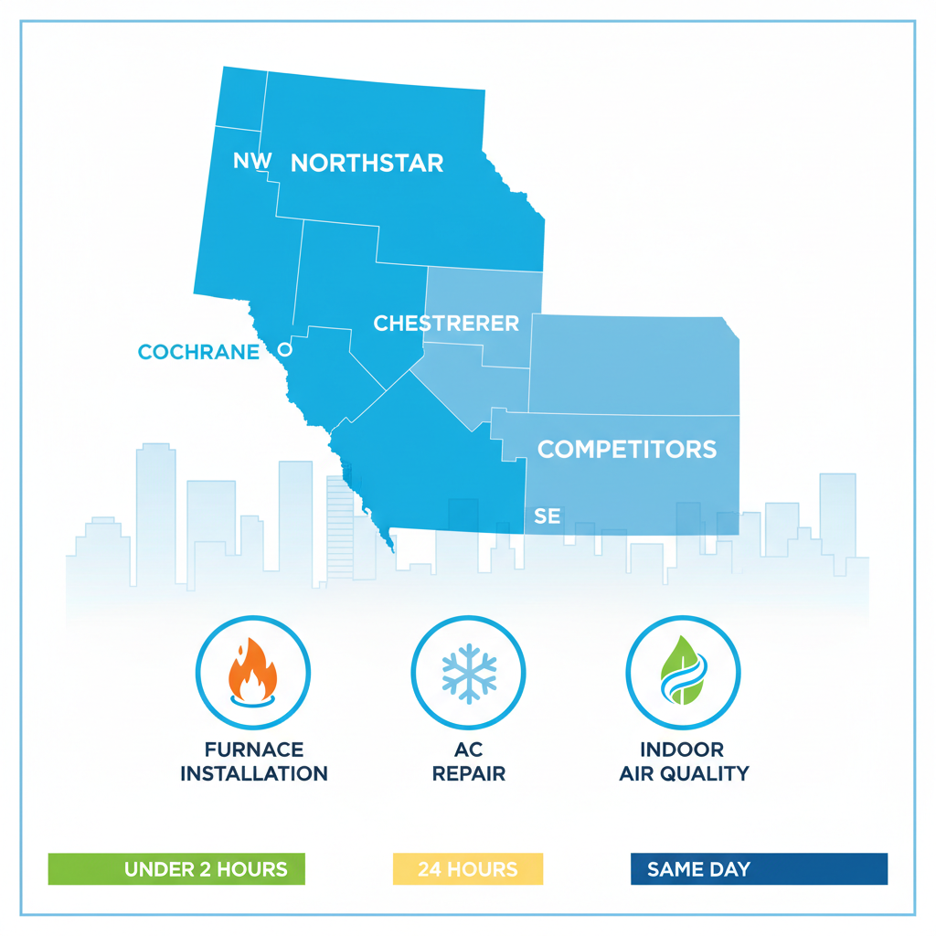 Infographic depicting Calgary HVAC providers, service areas map, specialty icons, and response time bars