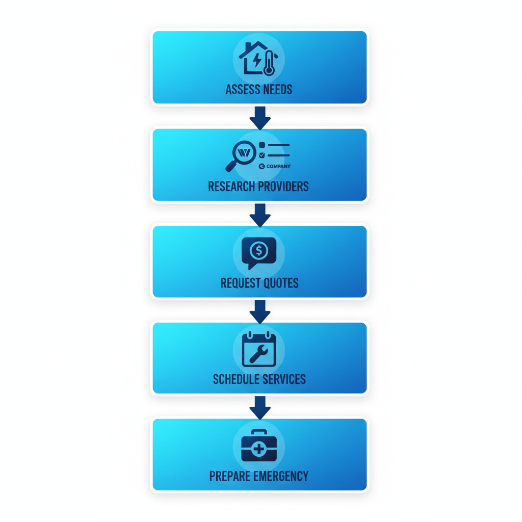 Vertical process flow diagram showing five steps to select and contact a Calgary HVAC company, including emergency preparation.