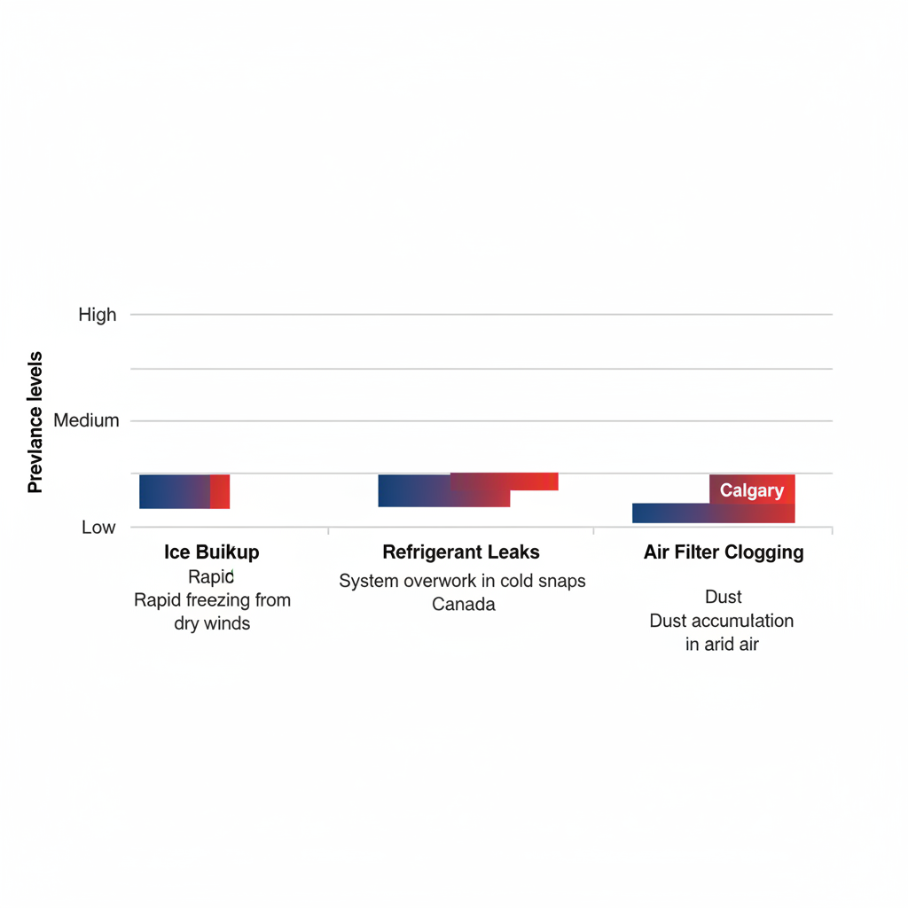 Horizontal bar chart comparing common heat pump issues in Calgary versus general Canadian climates, highlighting prevalence and key factors.