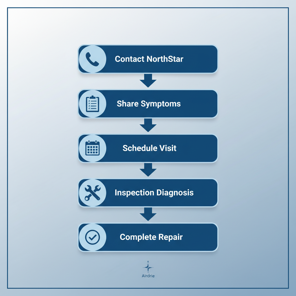 Vertical process flow diagram showing five steps to arrange furnace repair: contact, share symptoms, schedule, inspect, and complete.