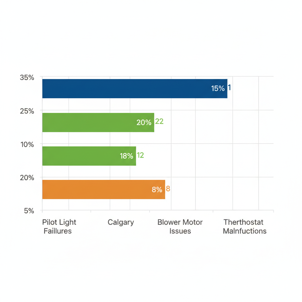 Horizontal bar chart comparing percentages of furnace issues: pilot light failures, blower motor issues, and thermostat malfunctions in Airdrie, Calgary, and Rocky View County.
