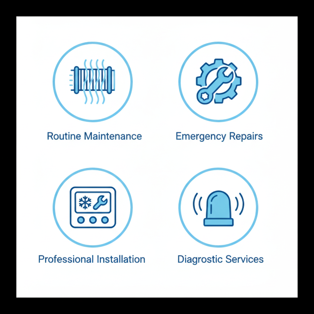 Grid of four icons depicting heat pump services: maintenance filter, repair wrench, installation thermostat, and emergency siren with simple labels.