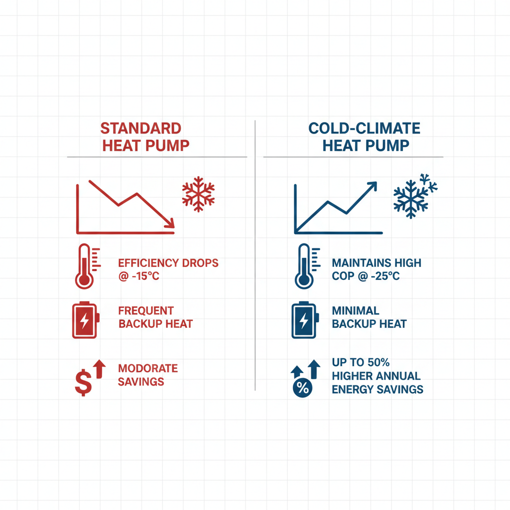 Infographic comparing standard and cold-climate heat pumps in Calgary, showing efficiency, backup, and savings differences with icons.