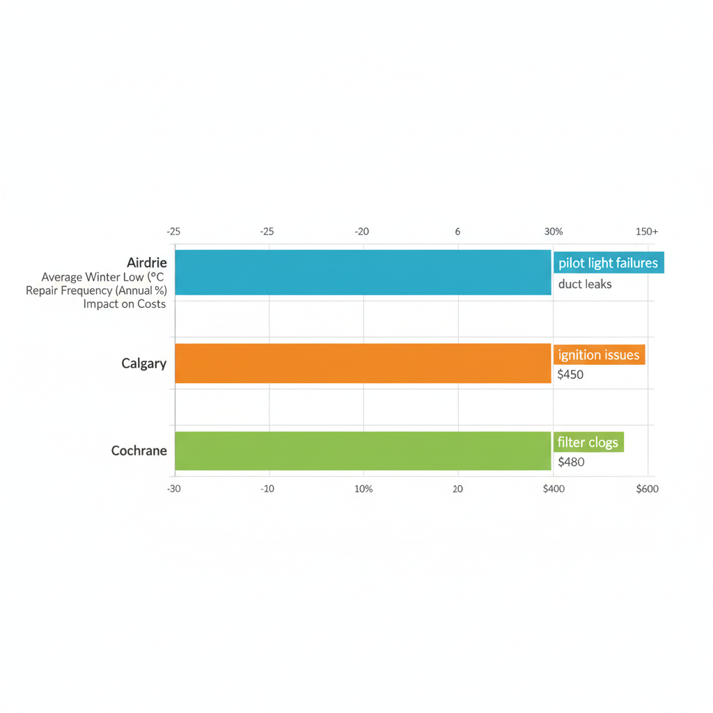 Bar chart comparing furnace repair metrics across Airdrie, Calgary, and Cochrane based on regional climate data.